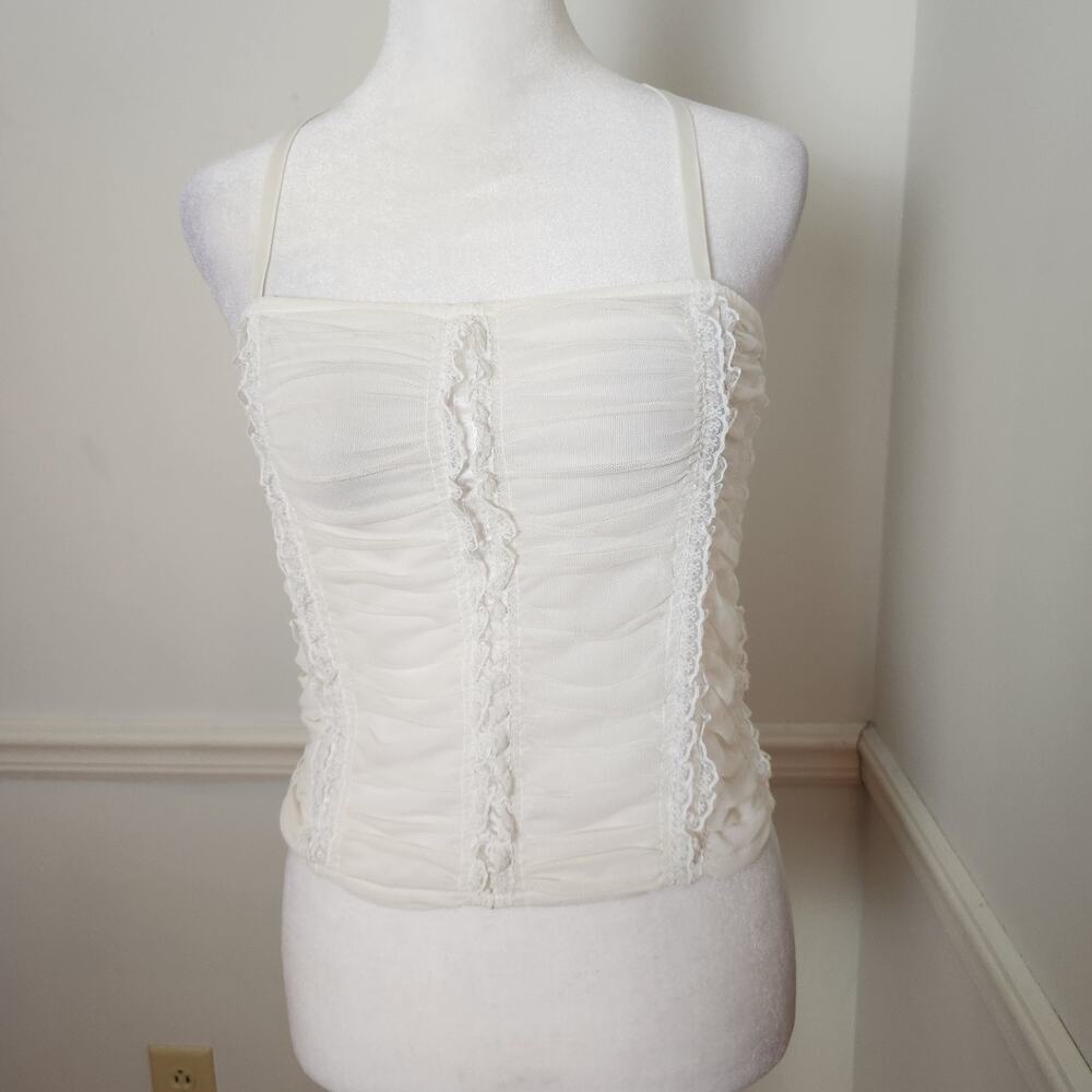 Vtg Y2K Moda International Tank Top Cami Small Mesh Sheer Fairy Milkmaid Cottage